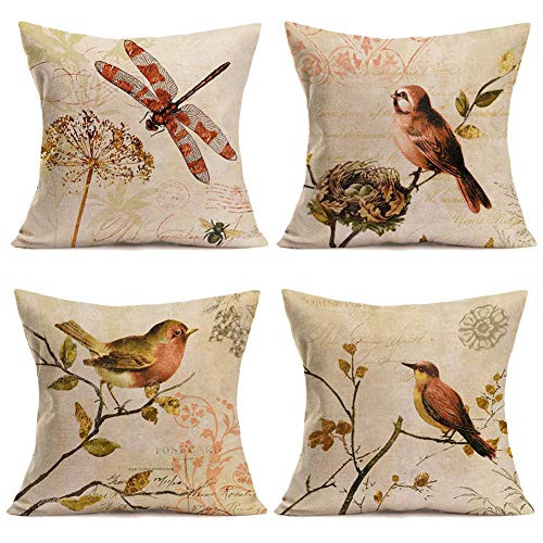 Qinqingo Throw Pillow Covers Retro Vintage Birds and Dragonfly Decorative Pillow Covers Cotton Linen Square Home Decor Throw Pillow Case Cushion Cover 18  x 18  Set of 4 Pillowcase  Retro Bird Set