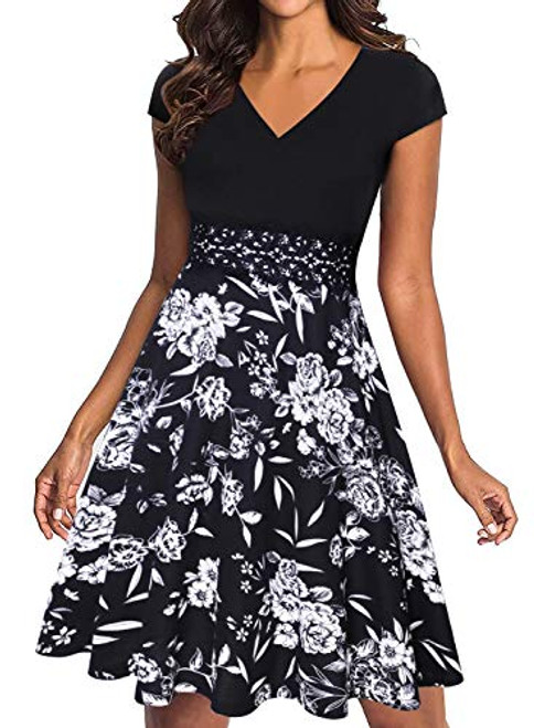OWIN Women s Vintage Dress Cap Sleeve Casual Floral Flared A Line Swing Cocktail Party Dress with Pockets