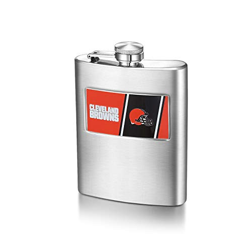Pro Specialties Group NFL Cleveland Browns 8 Ounce Matte Finished Stainless Steel Hip Flask with Rectangular Team Emblem and Funnel