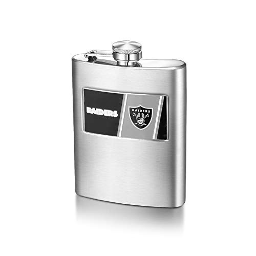 Pro Specialties Group NFL Las Vegas Raiders 8 Ounce Matte Finished Stainless Steel Hip Flask with Rectangular Team Emblem and Funnel