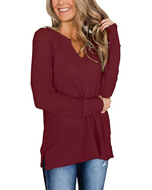 Herilios Women s Long Sleeve Waffle Knit Tunic Tops Casual V Neck Shirts Loose Fit Pullovers Red