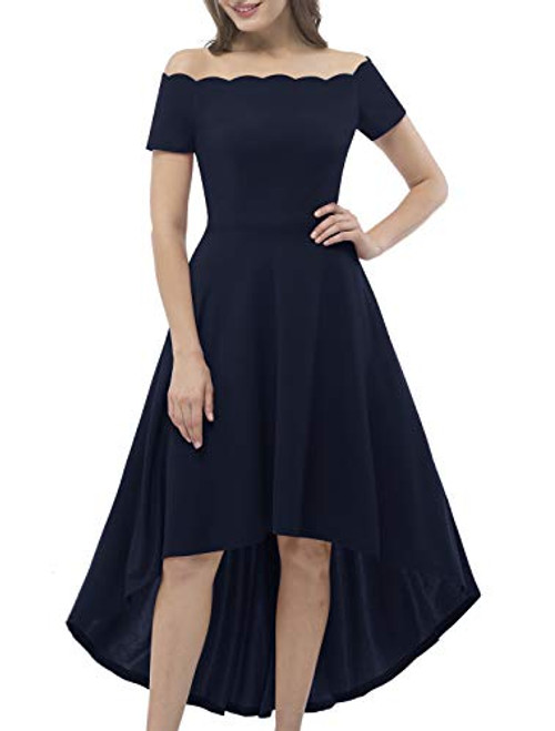 AONOUR 0066 Women s Vintage Off Shoulder Cocktail Party Dress Hi Lo Short Sleeve Formal Swing Dress Navy M
