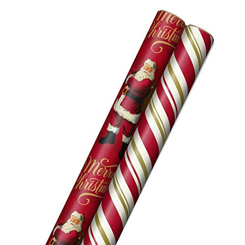 Hallmark Bulk Christmas Wrapping Paper with Cut Lines on Reverse  2 Jumbo Rolls  160 sq  ft  ttl  Classic Santa Claus  Red and Gold Stripes