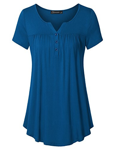Vinmatto Women s Short Sleeve Henley V Neck Pleated Button Details Tunic Shirt Top XXL Deep Blue