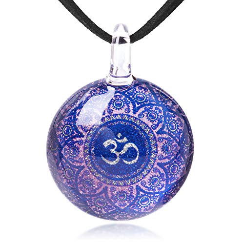 SUVANI Hand Blown Glass Jewelry Purple Om Ohm Aum Symbol Mandala Design Pendant Necklace 17 19