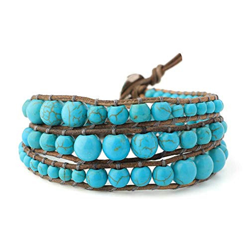KELITCH Created Turquoise Heart Beads Genuine Leather 3 Wrap Bracelet Handmade Fashion Women Jewelry  Blue