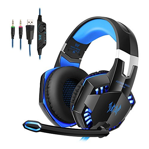 KOTION EACH G2000 Headset Gaming Headset for PC Computer Games, Professional Stereo Over Ear Headphones with Omnidirectional Microphone, Led Lights & In-Line Volume Control (Black Blue)