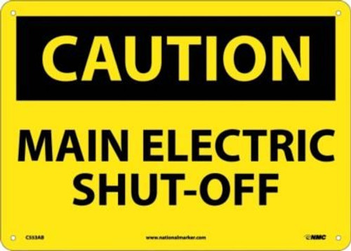 NMC C553AB OSHA Sign  Legend  CAUTION   MAIN ELECTRIC SHUT OFF   14  Length x 10  Height  Aluminum  Black on Yellow