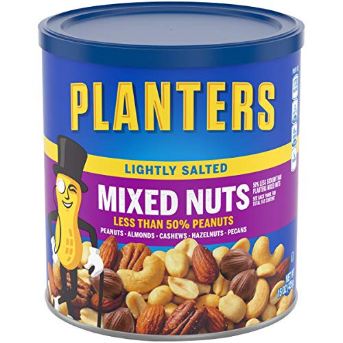 PLANTERS Lightly Salted Mixed Nuts  15 oz Canister  Pack of 3    Less than 50 Peanuts  Almonds  Cashews  Pecans  Brazil Nuts Roasted in Peanut Oil   On the Go Snack and Movie Snack   Kosher