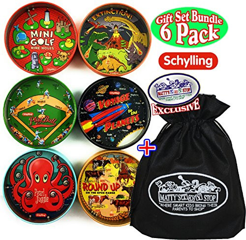 Schylling Classic Tin BB Puzzle Games Complete Gift Set Bundle with Exclusive Matty's Toy Stop Storage Bag - 6 Pack