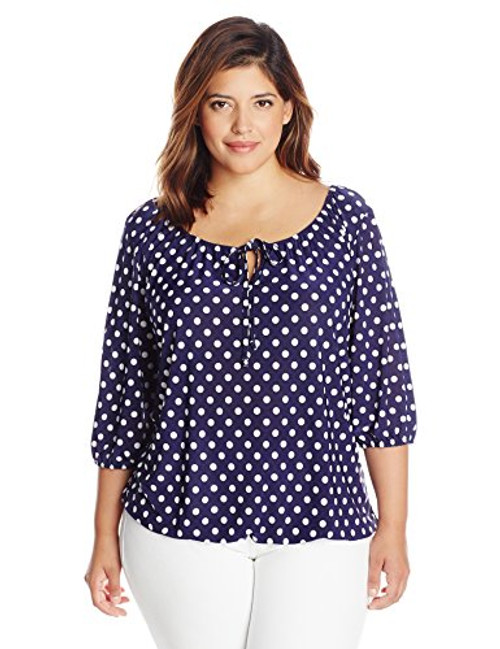 Star Vixen Women s Plus Size 3 4 Sleeve Peasant Top with Elastic Hem  Navy White Dot  2X