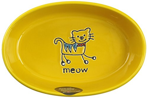 PetRageous Designs Silly Kitty 6 50  Oval Pet Bowl  Yellow