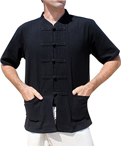 RaanPahMuang Brand Thick Cotton Chinese Short Sleeve Mandarin Jacket Plus Shirt  XXXX Large  Black