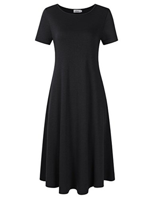 MISSKY Women s Scoop Neck Short Sleeve Midi Loose Swing Summer Casual Dress with Pocket  L  Black Short Sleeve
