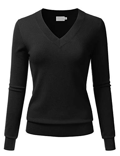 LALABEE Women s V Neck Long Sleeve Soft Basic Pullover Knit Sweater Black S