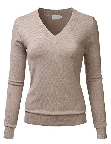 LALABEE Women s V Neck Long Sleeve Soft Basic Pullover Knit Sweater Camel S