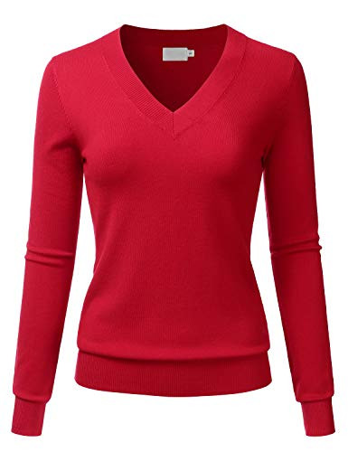 LALABEE Women s V Neck Long Sleeve Soft Basic Pullover Knit Sweater RED S