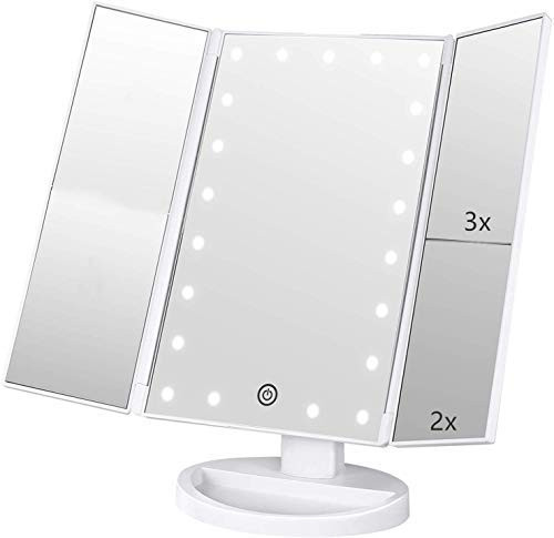 Flymiro Tri fold Lighted Vanity Makeup Mirror with 3x 2x 1x Magnification 21Leds Light and Touch Screen 180 Degree Free Rotation Countertop Cosmetic Mirror Travel Makeup Mirror White Flymiro Tri fold Lighted Vanity Makeup Mirror with 3x 2x 1x Magnification 21Leds Light and Touch Screen 180 Degree Free Rotation Countertop Cosmetic Mirror Travel Makeup Mirror White
