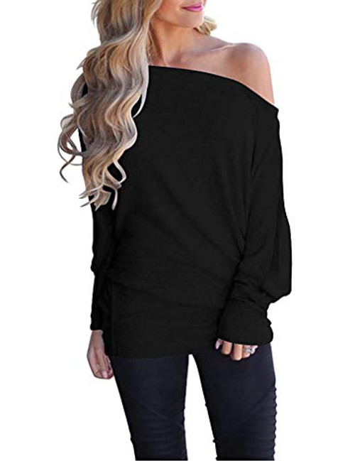 Poetsky Off The Shoulder Tops For Women Long Sleeve Pullover Batwing Tunic Top  M  Black