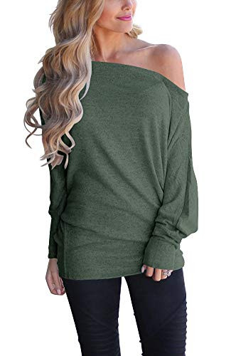 INFITTY Women s Off Shoulder Loose Pullover Sweater Batwing Sleeve Knit Jumper Oversized Tunics Top Green Medium