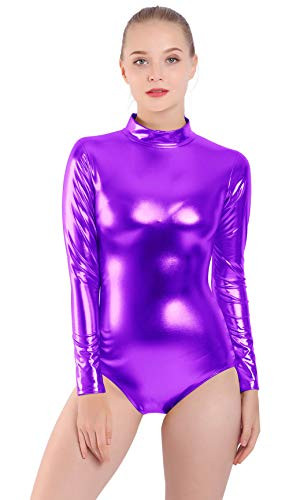 Mvefward Women Shiny Metallic Turtleneck Spandex One Piece Leotard Purple L