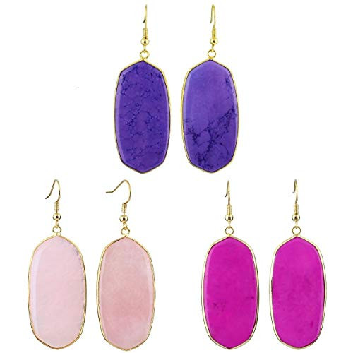 SUNYIK Rose Quartz   Purple   Fuchsia Howlite Turquoise Women s Stone Dangle Earrings  Healing Crystal Drop Earring Set for Ladies  Gold Plated  Pack of 3