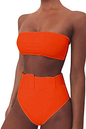 FAFOFA Ladies Summer 2 Pieces Swimwear Bandeau High Waisted Belted Bikini Sets Bathing Suit M Orange