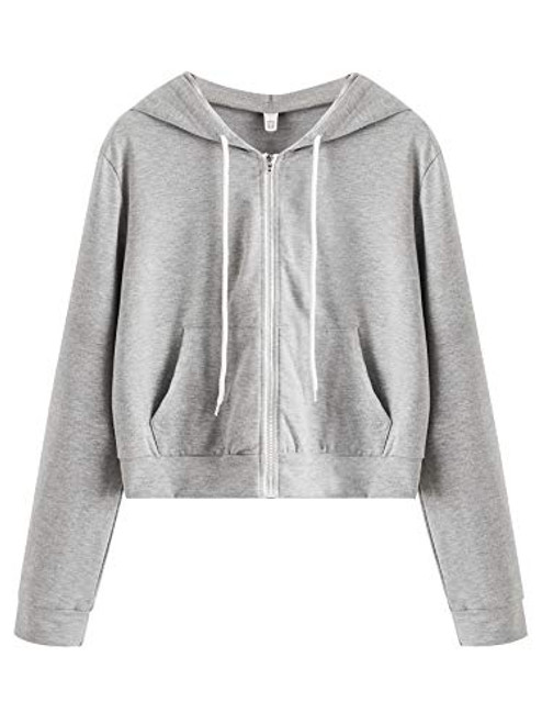 MakeMeChic Women s Casual Drawstring Zip Up Hooded Long Sleeve Crop Top Sweatshirt A grey M