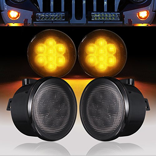 Hooke Road Front Turn Signal Lights Amber LED Smoked Lens for 2007-2018 Jeep Wrangler JK & JK Unlimited