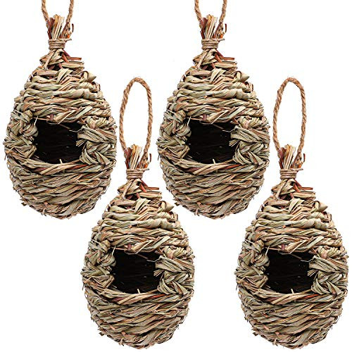 Aneco 4 Pack Hummingbird Birdhouse Outside Hanging Hand Woven Birdhouse Natural Bird Hut for Outdoor Bird Shelter
