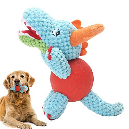 EETOYS Plush with Squeaker Low Stuffing Chew Guard Animal Series Dog Toy  Large  Dino Pterosaur with Squeaker Rubber Ball Body