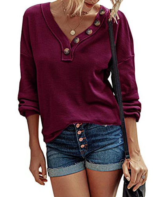 Womens Waffle Knit Tunic T Shirt Merryfun V Neck Blouse Lantern Tops Loose Shirts Casual Pullover Wine Red S
