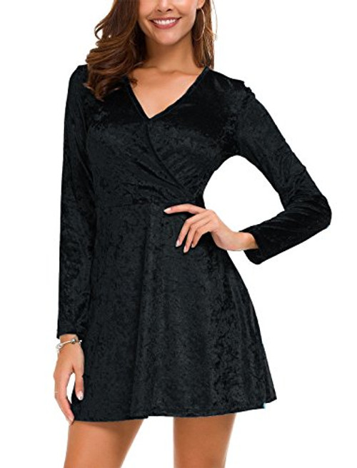 DGMYG Women s Elegant Long Sleeve V Neck Velvet Flared A line Party Mini Dress S Black DGMYG Women s Elegant Long Sleeve V Neck Velvet Flared A line Party Mini Dress S Black
