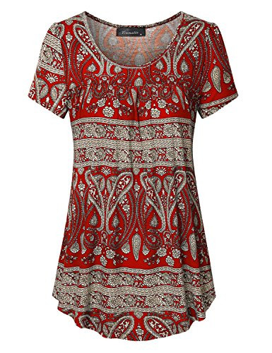 Vinmatto Women s Scoop Neck Pleated Blouse Top Tunic Shirt XL Multi Red