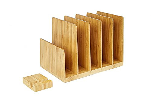 Kenley Desktop Organizer - Bamboo Wood File & Folder Sorter - Desk Tray with 5 Vertical Sections & Phone Holder - Storage Shelf Rack Stand for Office Supplies Binders Letters Paper Documents Magazines