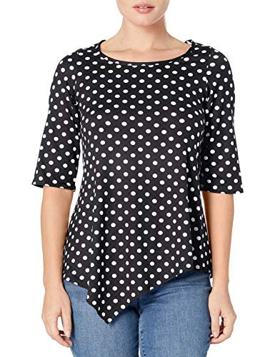Star Vixen Women s Petite Elbow Sleeve Hanky Hem Tunic  Black Dot  PXL