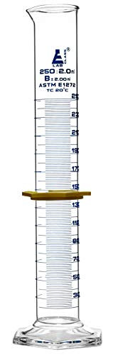 Measuring Cylinder  250ml   ASTM  Class B Tolerance ±2 00ml   Protective Collar  Hexagonal Base   Blue Graduations   Borosilicate 3 3 Glass   Eisco Labs