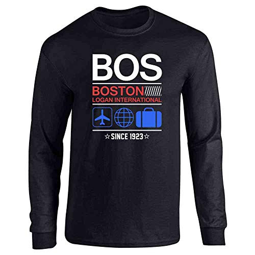 BOS Boston Logan Airport Code Since 1923 Travel Black L Full Long Sleeve Tee T Shirt