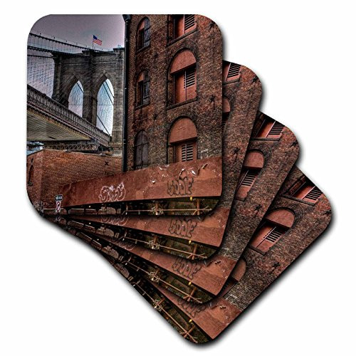 3dRose CST 98355 1 Brooklyn Bridge  Dumbo  American Flag on Top of Bridge Soft Coasters  Set of 4