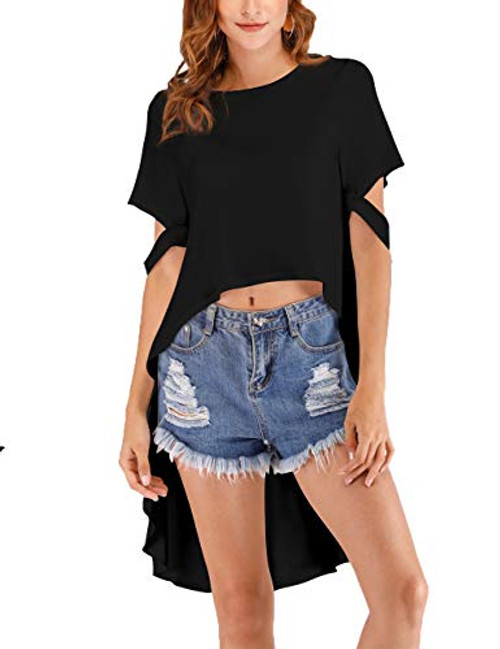 Women s High Low Tops Casual Loose Short Sleeve Irregular Hem T Shirt Blouse Black 1X