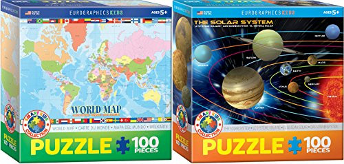 EuroGraphics Kids Science and Geography Puzzle Set - Two 100 Piece Jigsaw Puzzles - World Map and The Solar System