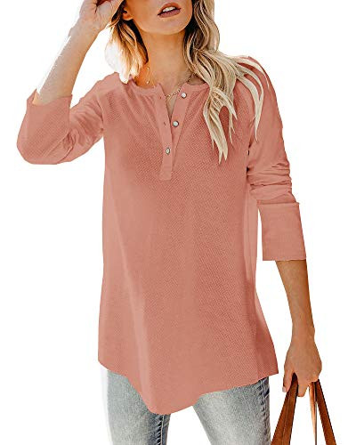 Chuanqi Womens Henley Shirts V Neck Button Down Long Sleeve Casual Loose Waffle Knit Tunic Tops Orange