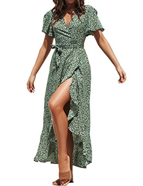 Hongsui Women s Bohemian Floral Printed Wrap V Neck Short Sleeve Split Beach Party Dress  Green  X Large