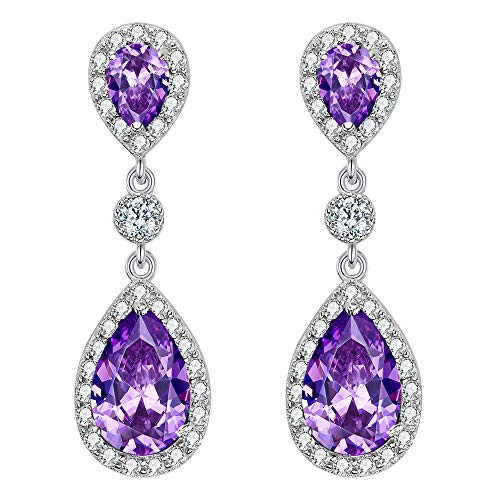 EleQueen 925 Sterling Silver Full Prong Cubic Zirconia Birthstone Teardrop Bridal Dangle Earrings Amethyst Color