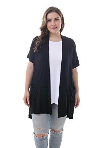 ZERDOCEAN Women s Plus Size Short Sleeve Lightweight Soft Printed Drape Cardigan with Pockets Black 3X