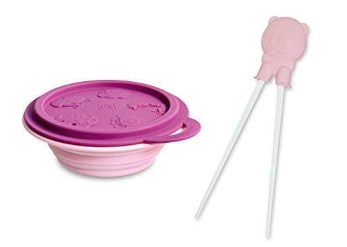 Marcus & Marcus POKEY THE PIG Silicone Collapsible Bowl (260 ml) and Learning Chopsticks Collection - Pink