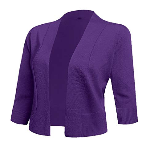 AAMILIFE Women s 3 4 Sleeve Cropped Cardigans Sweaters Jackets Open Front Short Shrugs for Dresses  Large  Purple