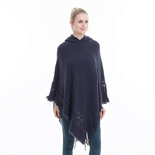 Women s Hooded Knit Cape Poncho Sweater with Fringes Pullover Shawls Wraps Capes for Mom  Navy