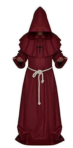 Medieval Monk Robe Cosplay Halloween Hooded Cape Costume Cloak Red Large