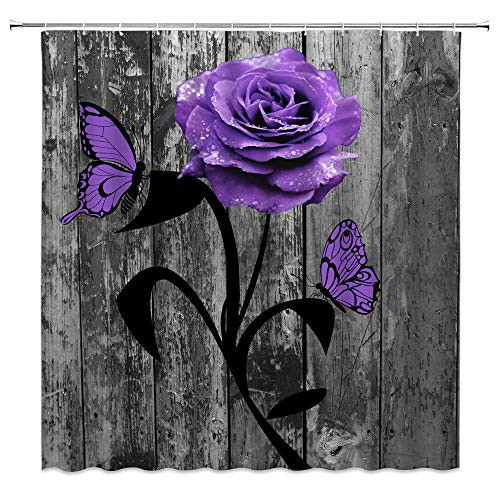 Purple Rose Shower Curtain Romance Rose Flower Butterfly Rustic Vintage Wooden Board Abstract Creative Vivid 3D Print Fabric Bathroom Decor Curtain with 12 Hooks 71X71 Inchs